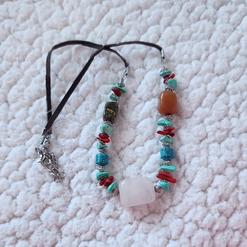 Vintage Handmade Multistoned Turqiouse Selenite Leather Strap Necklace